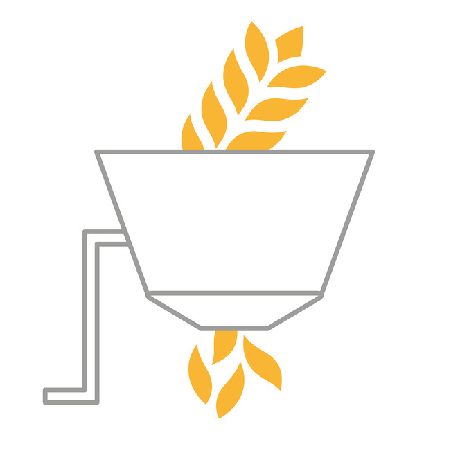 Symbol einer Mühle mit Getreidekörnern als Zeichen für das Mahlen